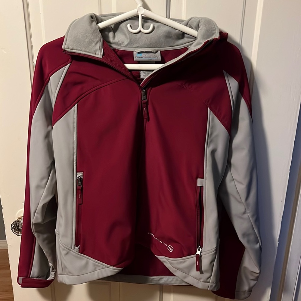 Jacket by Free Country, front zip with front zip pockets, gray and cranberry
